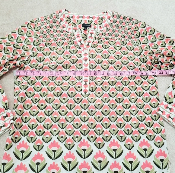 Talbots Women’s Medium Floral Boho Peasant Blouse 100% Cotton Pink Green Long Sl - Picture 9 of 12